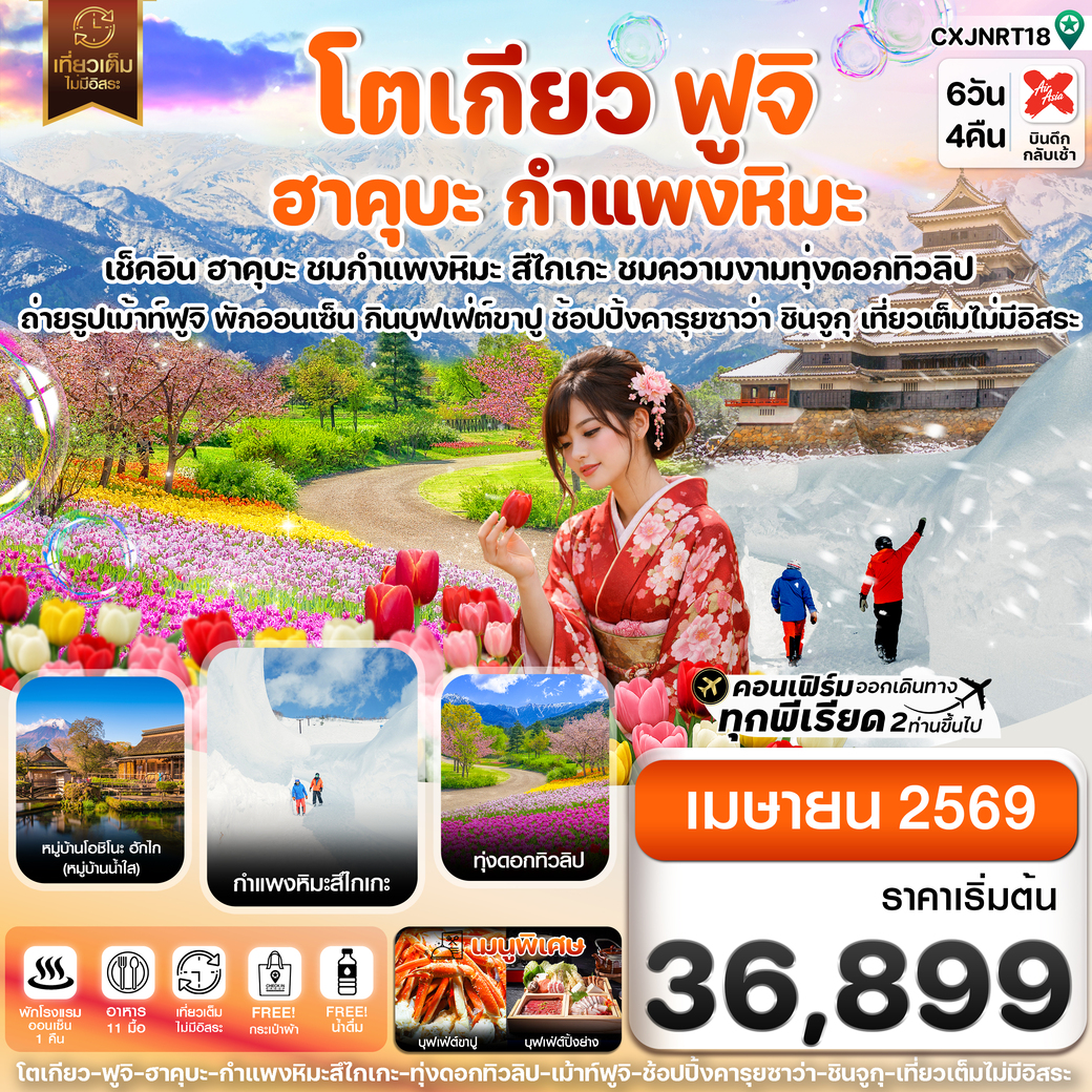 ทัวร์ญี่ปุ่น โตเกียว ฮาคุบะ สึไกเกะกำแพงหิมะ ทิวลิป เที่ยวเต็มไม่มีอิสระ 6วัน 4คืน (XJ)